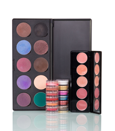 Professional cosmetic set, eye shadow, lip gloss isolated on white backgroundの写真素材