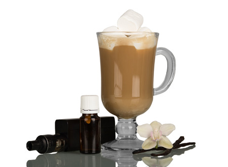 Cup of cappuccino, electronic cigarette and liquid for smoking, isolated on white backgroundの写真素材
