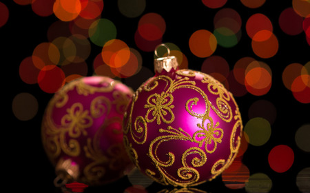 Christmas balls with ornament on the Christmas lightsの写真素材