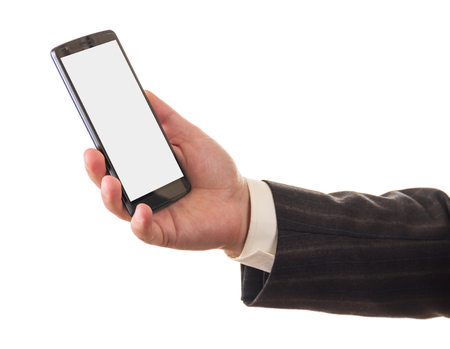 Phone in man's hand isolated on white backgroundの写真素材