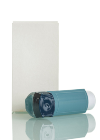 Small portable inhaler with dispenser to help asthmatics, isolated on white backgroundの写真素材