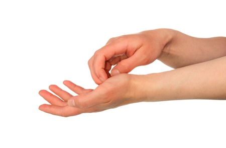 Cosmetic defect, irritation of the skin of hands, isolated on white backgroundの写真素材