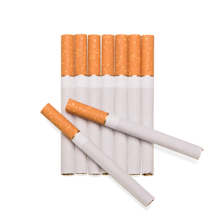 Straight row of cigarettes, top has two isolated on whiteの写真素材
