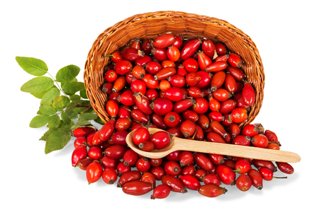 Lot of rose hips fell out of wicker basket nearby wooden spoon with berries isolated on whiteの写真素材