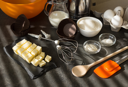 Ingredients for dough, devices and utensils, on work surfaceの写真素材