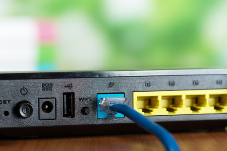 Rear panel of the router with sockets for connecting network cable