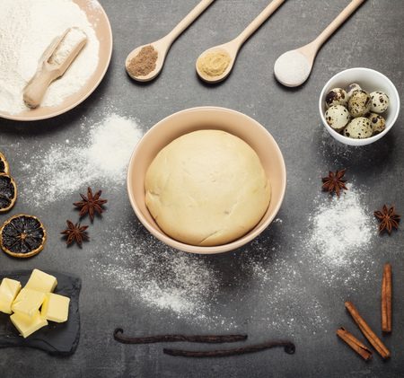 Dough in bowl, butter on slate plate, flour, eggs and spices, on gray surfaceの写真素材