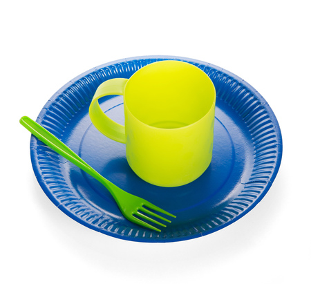 Set of disposable plastic tableware for eating isolated on whiteの写真素材