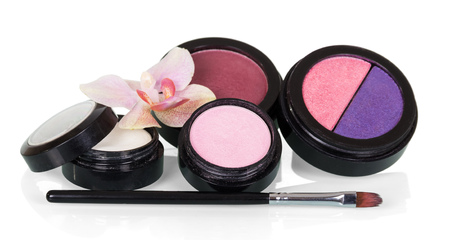 Multi-color cosmetic pressed means for makeup, and brush isolated on whiteの写真素材