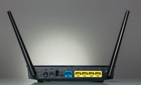 Panel of router with jacks for connections on grayの写真素材