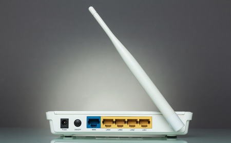 Panel of router sockets to connect, on grayの写真素材