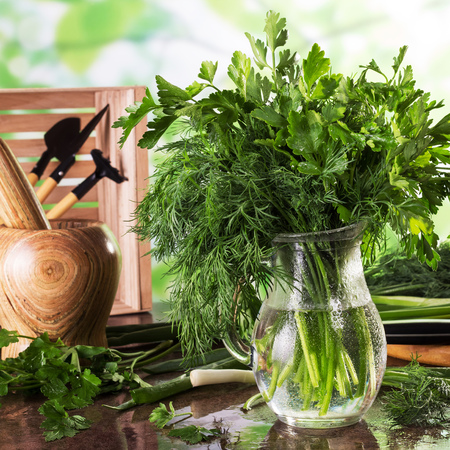Bunch of fresh dill and parsley in glass jar, next to mortar and pestleの写真素材