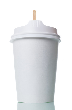 Disposable Cup with lid and wooden spoon for coffee, isolated on whiteの写真素材