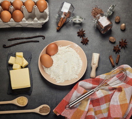 Flat lay. The process of making pie dough by hand. Baking cake in kitchenの写真素材