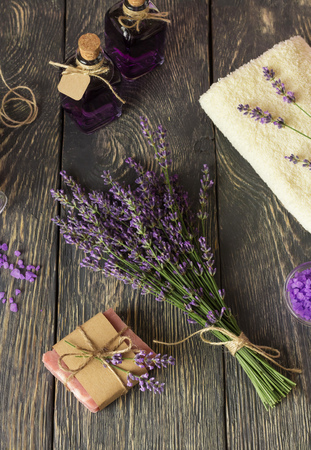 Lavender handmade soap, fragrant tincture and fresh lavender branches. Spa conceptの写真素材