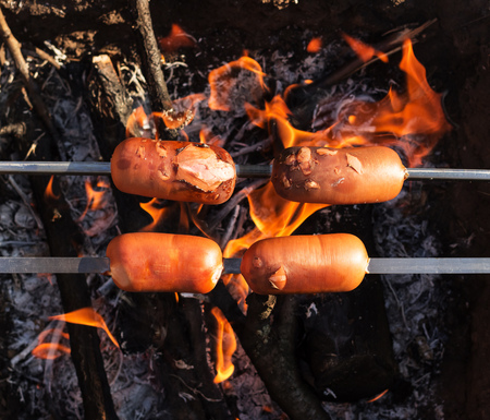 Delicious sausages roasting on an open fire in the airの写真素材