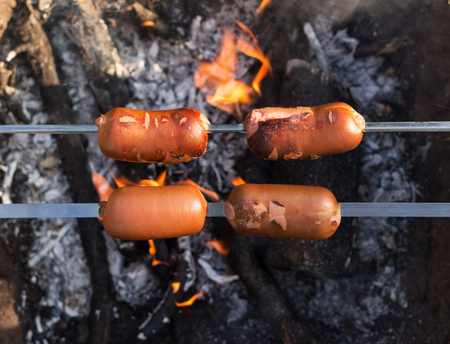 Fragrant sausages fried on a skewer on a fire in the gardenの写真素材