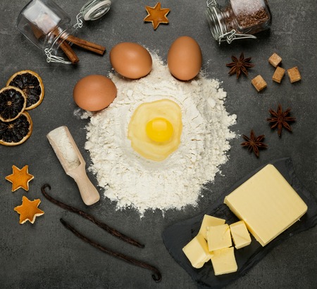 Flat lay. Ingredients for fragrant tasty gingerbread, kitchen tableの写真素材