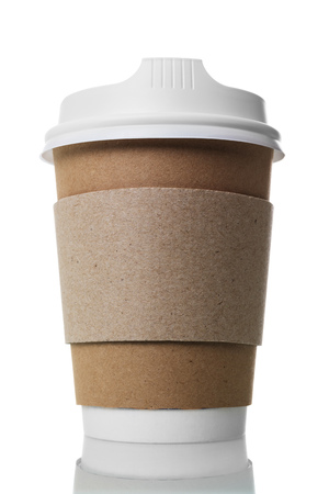 Disposable paper cup with lid and layer for hot isolated on white backgroundの写真素材