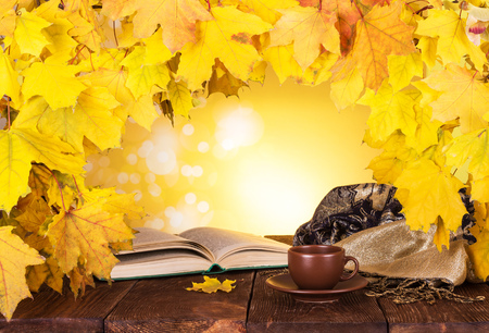 Autumn composition. Maple leaves, hot tea and an open bookの写真素材