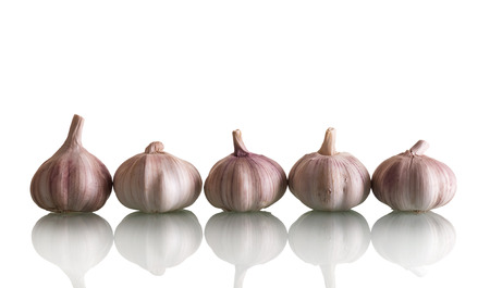 Five heads fresh beautiful garlic isolated on white backgroundの写真素材