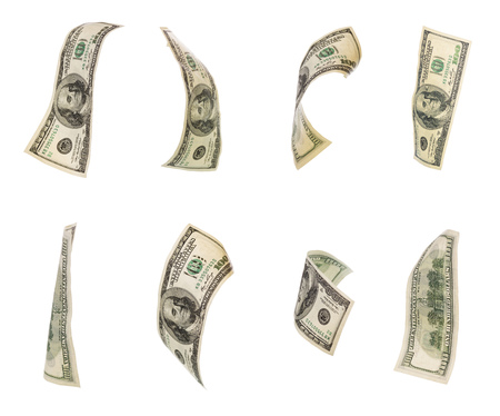 Collage of 100 dollar bills curved from different sides isolated on white backgroundの写真素材