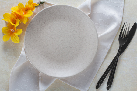 Festive table setting. Luxury kitchen in white color. Top viewの写真素材
