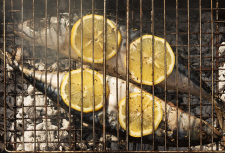 Fragrant mackerel grilled with lemon and spices in the smoke from fireの写真素材
