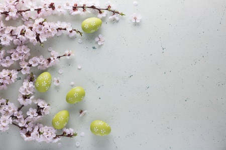 Easter composition. Flowering branches of apricot and bright Easter eggs. Blank labelsの写真素材