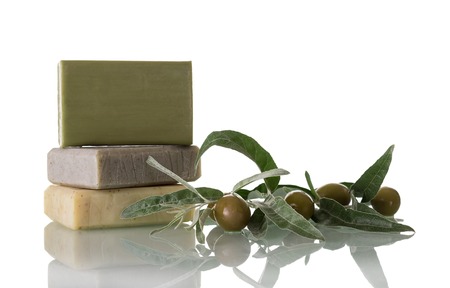 Natural handmade soap with olive oil isolated on white backgroundの写真素材