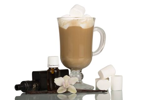 Cappuccino with marshmallows, electronic cigarette liquid and Smoking, isolated on white backgroundの写真素材