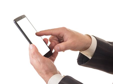 Mobile phone in hand men isolated on white backgroundの写真素材