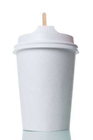 Disposable Cup with lid and wooden spoon for coffee, isolated on white backgroundの写真素材