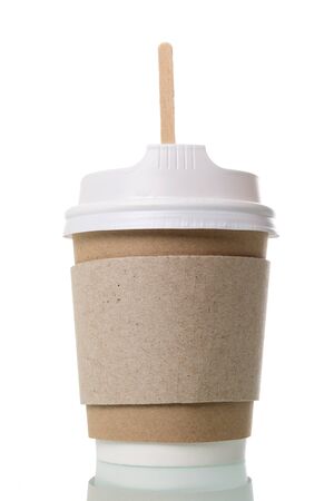 Special container with lid and wooden spoon for coffee take-away, isolated on white backgroundの写真素材