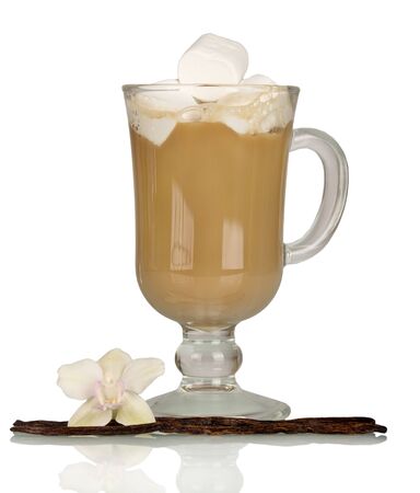 Glass Cup with cappuccino and marshmallows, near vanilla pod, isolated on white backgroundの写真素材