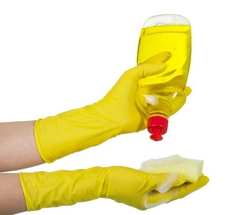 Woman's hands in protective gloves and bottle with chemical detergent isolated on white backgroundの写真素材