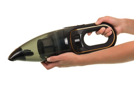 Portable vacuum cleaner for car in hands isolated on white backgroundの写真素材