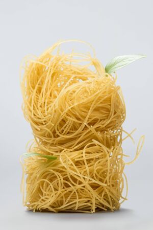 Nests with a thin vermicelli with basil leaves on grey.の写真素材