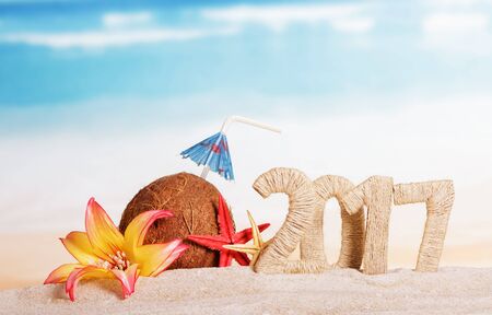 Sunny beach with an inscription 2017 Christmas coconut and starfish on sea backgroundの写真素材