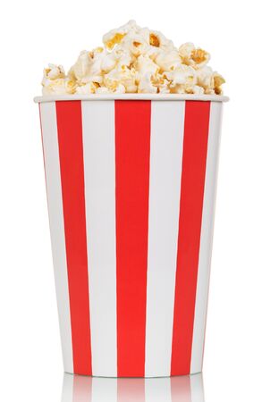 Large box of delicious fresh popcorn isolated on white backgroundの写真素材