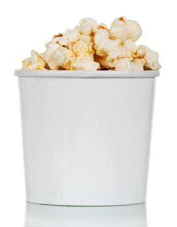 White round box with popcorn isolated on a white backgroundの写真素材