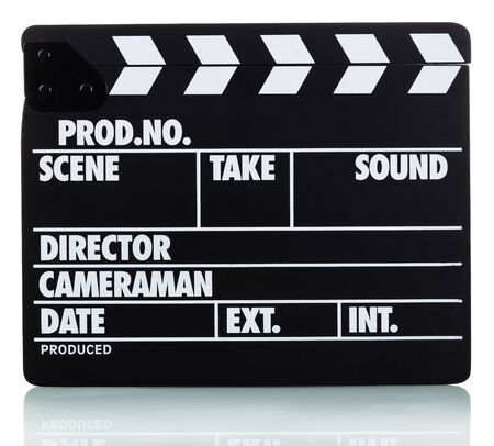 Black with white lettering clapper board isolated on whiteの写真素材