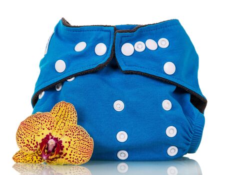 Reusable diaper blue and orchid flower isolated on white backgroundの写真素材