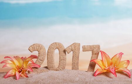 Christmas inscription 2017 in the sand decorated with tropical flowers on a background of the seaの写真素材