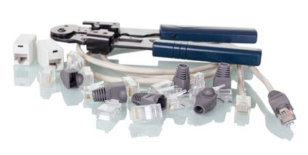 Cable, connectors and adapters for router connection isolated on white backgroundの写真素材