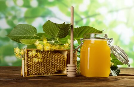 Full jar of May honey, bee honeycombs and sprig of Linden, wooden spoon on tableの写真素材