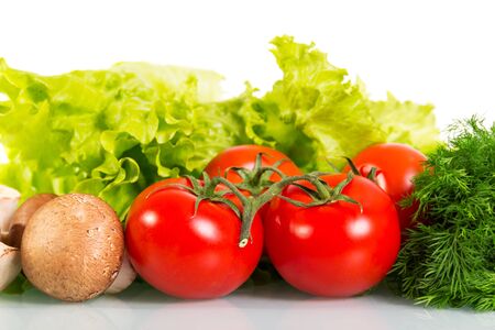 Tomatoes, champignons, fresh green lettuce and dill isolated on white background.の写真素材