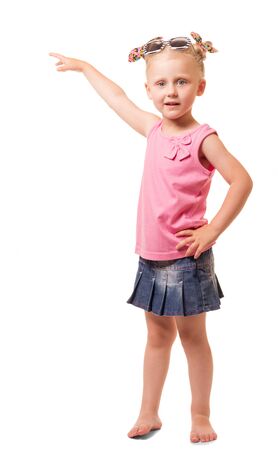 A cute little blond girl with sunglasses isolated on white background.の写真素材