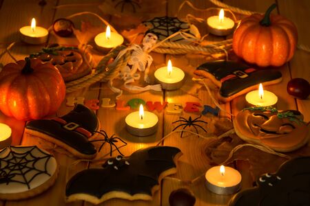 Halloween holiday background with pumpkin and candy. View from aboveの写真素材