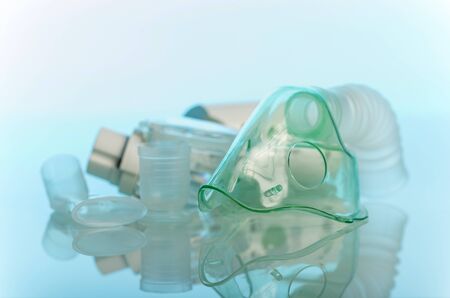 Set of devices for inhalation on blue backgroundの写真素材